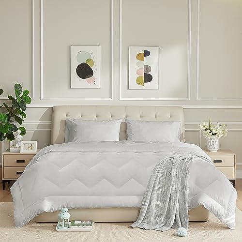 HOMTEC Queen Size Duvet Insert - All Season 100% Cotton Shell Comforter - Quilted Fluffy Down Alternative Duvet Insert - Light Gray - Soft Breathable & Lightweight with 4 Corner Tabs