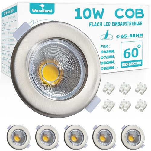 Wondlumi 6x Faretti LED da Incasso per Cartongesso,10W Equivalenti a 100W 850LM,Foro 65-85mm Luce Naturale 4000K per Cucina,Interno,Faretti Led Soffitto COB 220V