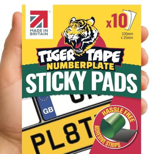 Tiger Tape® UK Made Number Plate Sticky Pads. Automotive Grade Heavy Duty, Extra Strong Double Sided Adhesive for Vehicle Number Plates, Licence Plates, Car Registration, Mounting Tape – 10 Strips