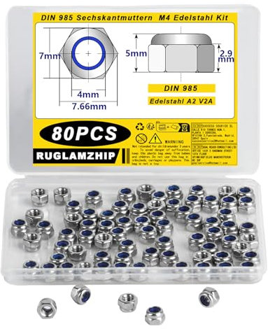 80 Pcs Écrou M4 Inox, Nylstop DIN 985 en Acier Inoxydable A2 V2A, Autobloquant Hexagonal de Blocage pour Vis Boulons Tiges Filetées