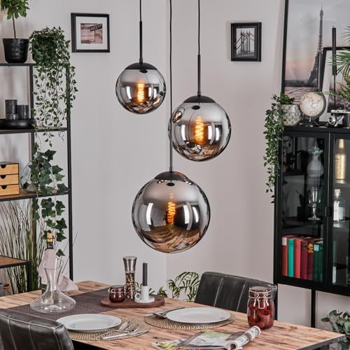 Gastor taklampa, hängande lampa av metall/glas i svart/krom/rökfärg, armatur i retro/vintage-design med glasskärmar (Ø 20, 25, 30 cm), höjd max. 128 cm, 3 x E27, utan glödlampor