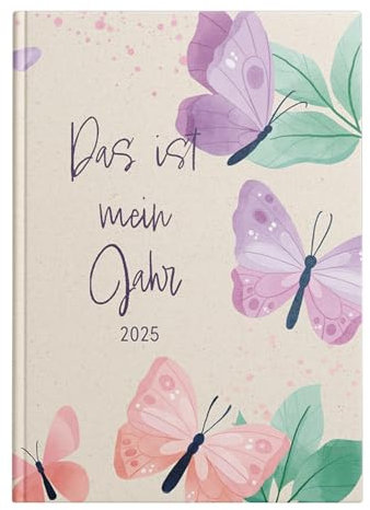 Idena 11142 - Taschenkalender DIN A6 2025 Mein Jahr, 1 Woche auf 2 Seiten, Terminplaner mit Softcover-Einband, Schmetterlingsmotiv und Leseband