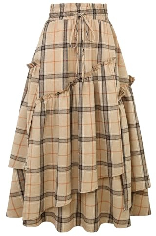 IDEALSANXUN Plaid Dresses for Women 2025 Fall Winter Flannel Tartan Wool Tweed Corduroy Sweater Long Maxi Renaissance Dress, Khaki, L