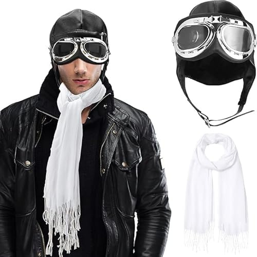 TESIN 3Pcs Aviator Costume Accessories Set, Pilot Fancy Dress Kit with Aviator Hat Goggles Scarf, Cosplay Outfit for Adults Halloween Dress up Party