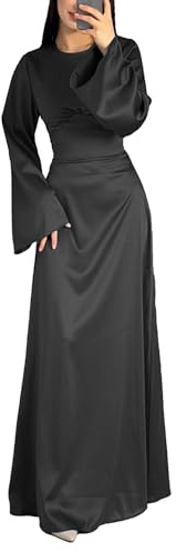 xxxiticat Women's Silk Satin Long Dress Long Sleeve Round Neck Back Lace Up Bandage Tie Wedding Party Maxi Dresses(BL,M) Black