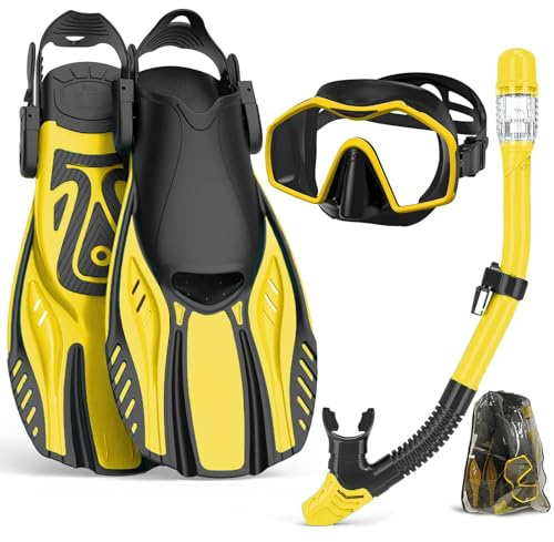Set da snorkeling per adulti con pinne, maschera da snorkeling e pinne da nuoto, ampia vista, maschera per snorkeling a secco, anti-appannamento, anti-perdite, attrezzatura per snorkeling per uomini e