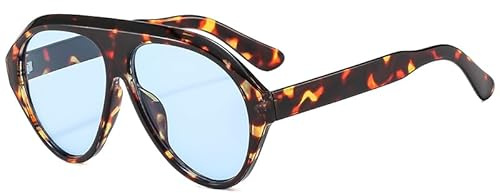 Long Keeper Lunettes De Soleil Femmes Hommes Retro Lunettes De Soleil Grande Pilote Flat Top Neutre Protection UV400 (Bleu Léopard)