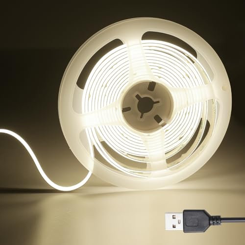 SIRYYUI USB LED Light Strip, 5V Strip Light 1.5M Dotless COB Light 480LEDs 4000K Natural White, High CRI90+ Light Strip for TV Backlight, Mirror, Kitchen Cabinet Lighting