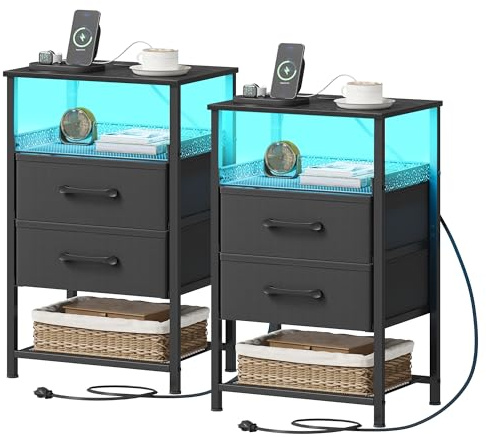 JARHETUN Nightstand Set of 2 with Charging Station, Night Stands with LED Lights, 26.4 Inch Tall Bedside Table with Metal Shelf, Side Table with 2 Fabirc Drawers for Bedroom, Black