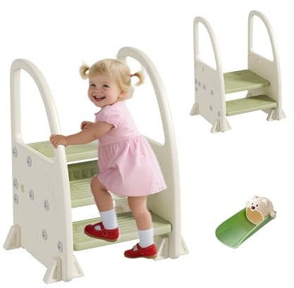 Hominewti Sgabello per Bambini Piccoli per il Lavandino del Bagno, 2-3 Gradini Regolabili in Altezza, Sgabello Antiscivolo, Multifunzionale con Maniglie, Verde