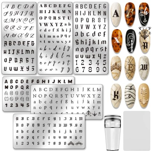 PH PandaHall 6pcs Letter Nail Stamping Plates Alphabets Patterns Nail Art Design Number Nails Art Stencil Personalized Typeface Manicure Image Plate for Women DIY Print Manicures Salon Supplies