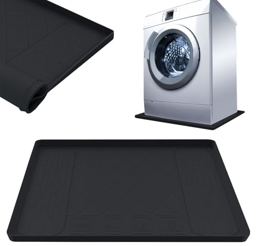 27×27×0.79inch Washer Drain Pan Silicone Mat, Waterproof Anti-Vibration Non-Slip Washer Drip Tray, With Raised Edge Washing Machine Silicone Mat, Floor Leak Protector for Laundry Room（Black）