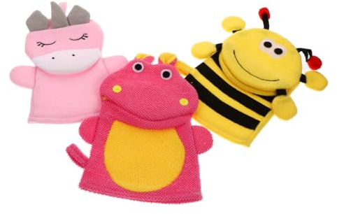 TOYZFRIENDY Lot de 3 Moufles de Bain pour Tout-petits en Coton Composite Forme Cartoon, Nettoyage Puissant et Mousse Riche, Accessoires de Bain pour Garçon et Filles Plusieurs styles