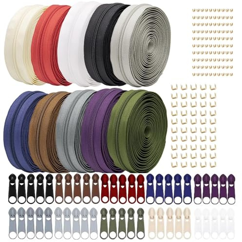 Dulynva Endlosreißverschluss mit Zipper und Endstück 30M 10 Farben Endlos Reissverschluss Reparaturset für DIY, Nähen, Basteln, Kleidung, Tasche, Mäppchen, Bettwäsche