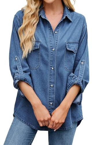 Dam jeansskjorta mjukt tvätttyg med justerbara ärmar för en avslappnad bekväm stil