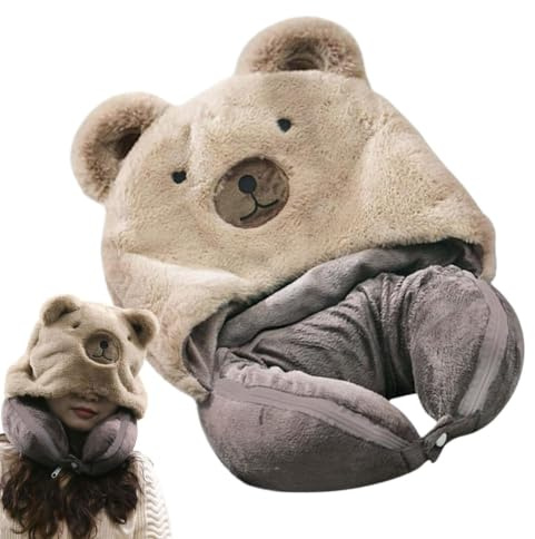 Generico Coperta per cuscino da viaggio | 2 in 1 simpatico cuscino per aereo in flanella | Cuscini da viaggio con cappello per viaggi in aereo con voli lunghi e viaggi in auto