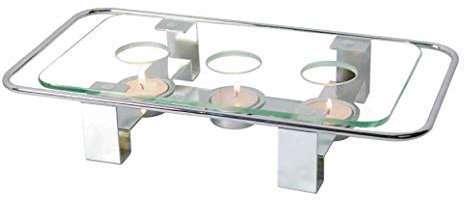 NewlineNY Chrome Plated Glass Dish Warmer, Rectangular Glass Top 3 Holes Tea Coffee Light Votive Candle Gourmet Desktop Food Warmer