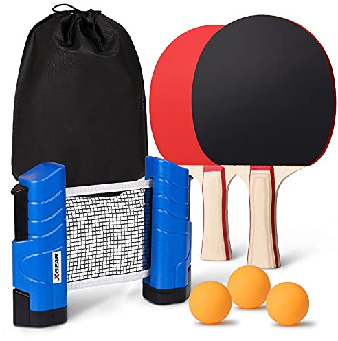 XGEAR Anywhere Equipo de Ping Pong para Llevar Incluye Poste de Red retráctil, 2 Palas de Ping Pong, 3 Bolas, se adhieren a Cualquier Superficie de Mesa, para Todas Las Edades, Azul Lago