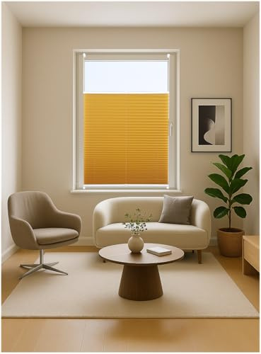 ondeco Plissee ohne Bohren mit Klemmträger viele Farben, Sonnenschutz für Fenster innen, Lichtschutz und Blickdicht, Plissee klemmfix Faltrollo Sichtschutz für Tür Gold-Ocker 80x130 cm