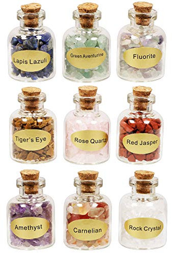 KYEYGWO Set of 9 Mini Gemstone Bottles Tumble Chip Crystal Healing Reiki Wicca Stones Set