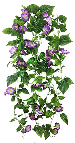 FERIAL Artificial Vines 15Feet Silk Flower Garland for Outdoors Purple Morning Glory Vine Artificial Flowers Hanging Plants Garland Fake Green Plant 2Pcs for Wall Fence Indoor Wedding Banquet Decor