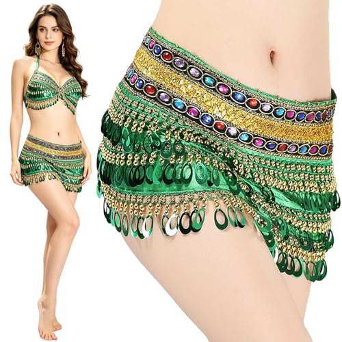 Leemiman Belly Dancing Hip Scarf 2 Colors Belly Dancing Hip Scarves Wrap Skirt Belly Dancing Waist Belts with Coin Tassel (Green)
