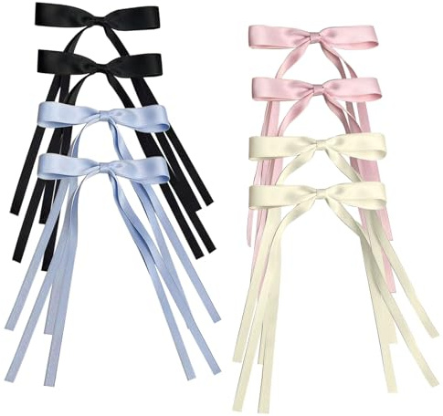 Hair Bows for Women,8 Pcs Silk Hair Ribbons,Bow Hair Clip for Girls Teens,Colorful Hair Bow Clip with Long Tail(4 Color)