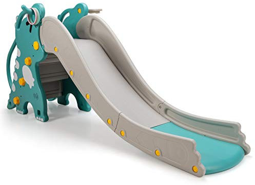 DREAMADE 4-in-1 Kinder Rutsche, Freistehende Rutsche mit Basketballkorb & Kletterleiter & Ringwurf, Gartenrutsche Kinder Spielplatz Indoor, Kinderrutsche für Jungen & Mädchen ab 1-6 Jahren