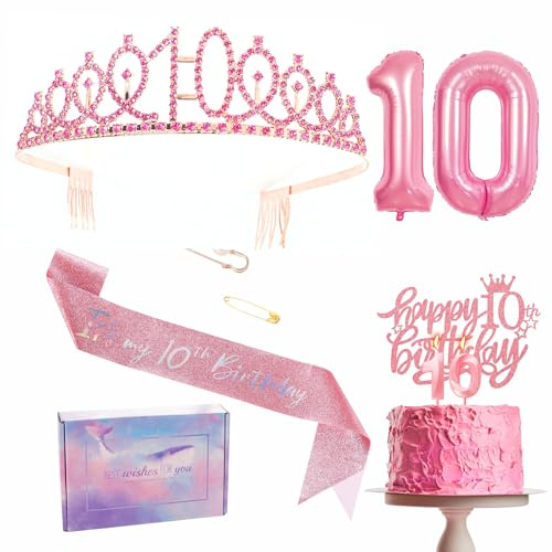 Decorazioni rosa per 10° compleanno per ragazza, fascia, diadema, decorazione per torte, palloncini, candele e regali
