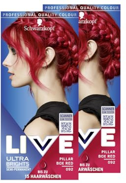 Schwarzkopf LIVE Ultra Brights Semi-Permanente Haarfarbe 092 Pillar Box Red (2x 142 ml), Coloration für intensive oder pastellige Farbergebnisse, hält 12–15 Haarwäschen, mit Pflege-Conditioner