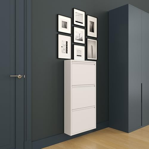furni24 Schuhschrank Schmal – Platzsparender Metall-Schrank mit Magnetklappen, Platz für 6-10 Paar Schuhe, Robuster Hoher Schuhschrank, Wandmontierbar und Vormontiert - 3 Klappen, Weiß