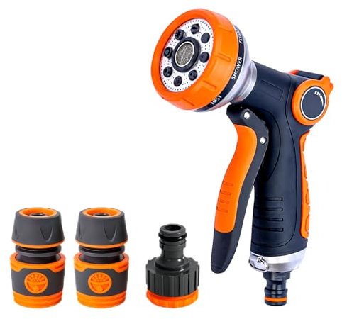 RnCop Garden Hose Spray Gun with Connectors, 8 Adjustable Patterns High-Pressure Hose Nozzle for Precision Watering, Perfect for Plants, Lawns, Cars, Bikes, and Pets Bathing
