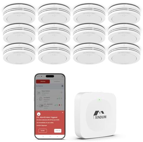 Rilevatore di fumo con stazione base, rilevatore di incendio smart interconnesso da 10 anni conforme alla norma EN14604, LED senza sfarfallio, compatibile con l'app XINDUM, 12 unità