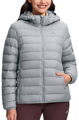 Pioneer Camp Chaqueta de plumón para mujer, ligera, plegable, de aislamiento, chaqueta acolchada con capucha y cremallera, bolsillos, chaqueta de invierno para senderismo y viajes, gris claro, XXL