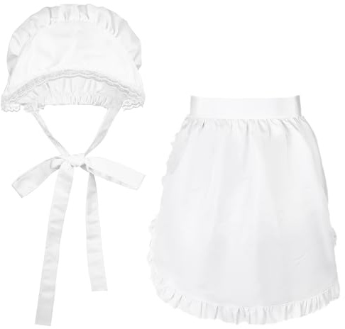 2pcs White Mob Cap Half Apron Halloween Colonial Costume Set Women Pilgrim Costume Accessories for Maid Girl Cosplay