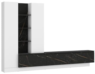 AVANTI TRENDSTORE - Wiara Parete attrezzata Bianco/Effetto Ceramica con 2 ante battenti, 3 ante a ribalta.