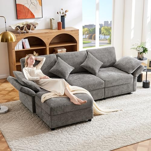 Lcoho Sofá de esquina en forma de L con reposapiés, sofá cama convertible de 3 plazas, 4 almohadas, reposabrazos ajustables, cómoda tela de chenilla, adecuado para sala de estar, oficina o apartamento