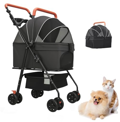 Pet Stroller for Medium Small Dogs/Cats - 4 Wheels Foldable Dog Stroller with Storage Basket,Dog/Cat Carrier,Adjustable Handle,Folding Puppy Carrier Suitable for Traveling with Cats and Dogs (Black)
