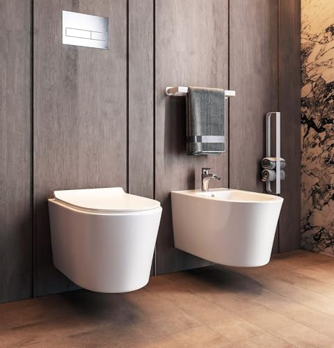 Exagonshop Coppia sanitari sospesi bidet e vaso rimless in ceramica con sedile soft close bianco lucido Linea Esse