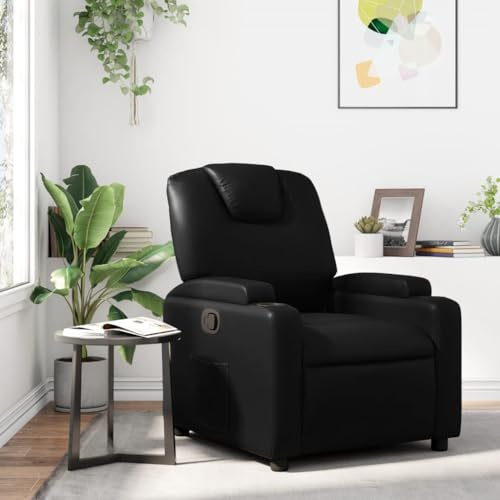 mtlskopl Poltrona relax nera in ecopelle 74 x 88 cm con funzione sdraiata fino a 135 gradi, supporto per bere e tasca laterale, comoda poltrona lounge per soggiorno, camera da letto, ufficio