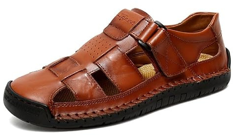 Sandalias de Cuero con Punta Cerrada for Hombres, Zapatos Casuales Antideslizantes Correa Ajustable, Calzado Pescador al Aire Libre Transpirable Hecho a Mano