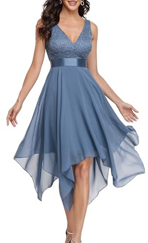 Ever-Pretty Robe de Cocktail Asymétrique au Genou Femme Double Col-V sans Manche en Dentelle Mousseline de Soie Bleu Denim 36