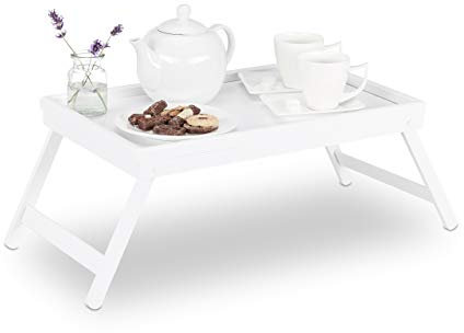 2X Tablettes de Lit Bambou Pieds Rabats Rebords Plateau de Service & Petit Déjeuner, HLP 22 x 64 x 31 cm, Blanc