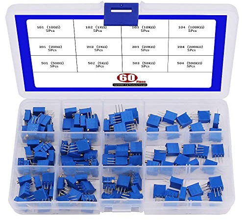 RUNCCI-YUN 60 Pcs 3296W 12 Values Variable Resistor Multiturn Trimmer Potentiometer 100-500 K Ohm Blue 3296 Top Adjustment (100Ω 1kΩ 10kΩ 100kΩ 200Ω 2kΩ 20kΩ 200kΩ 500Ω 5kΩ 50kΩ 500kΩ）