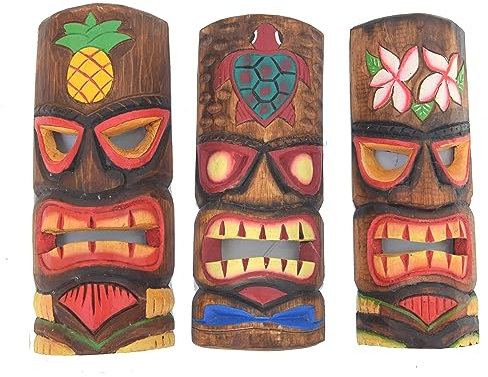 3 Tiki trämasker, 30 cm i Hawaii-stil, set om 3, trämask, väggmask, Tiki Maui