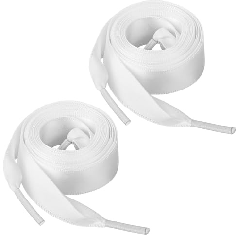 KALIONE 2 par satinband skosnören, platta satinband skosnören mjuka sidenskosnören 2 cm breda skosnören för kvinnor och män sneakers segelskor fritidsskor (vit), Vit