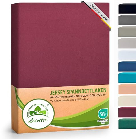 leevitex® Luxus Elasthan Jersey Spannbettlaken | 180x200 – 200x220 cm | Multistretch | 250 g/m² | 92% Mako-Baumwolle 8% Elasthan | 40cm Steghöhe | außergewöhnlich hochwertige Ausführung | Bordeaux