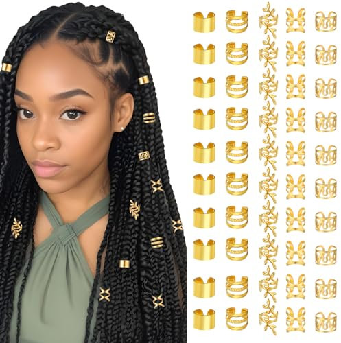 Tyqour 50 Stück Gold Haarschmuck für Zöpfe Verstellbar Dreadlocks Schmuck, Ring Braids Schmuck Piraten Haarschmuck Gold Zopfschmuck mit Goldenen Anhängern, Hair Accessories Loc Hair Jewelry for Women