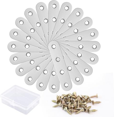 Angolare Giunzione Riparazione Fissaggio - 20 Pezzi Staffe Piatte di Fissaggio in Acciaio Inox con Viti Scatola 77x16x1.8mm/ Piastre di Giunzione in Metallo per Mobili in Legno Armadi