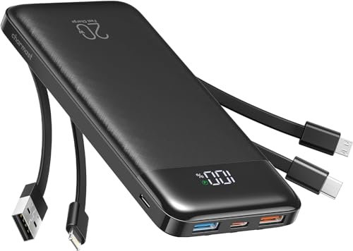 Charmast Power Bank, 22.5W Built-in 4 Cables Fast Charing Portable Charger, 20000mAh Battery Pack with 6 Outputs 4 Inputs, USB-C Powerbank for iPhone 16/15/14 Series, AirPods, Android Phones (Dark)